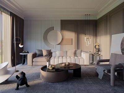 Modern Living Room Interior With Beige Sofa Circular Coffee Table Gray Rug And Large Windows 3d model