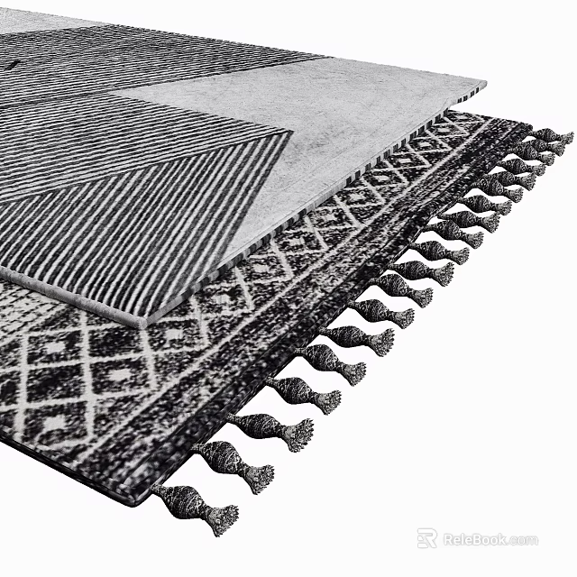 Square Rug With Geometric And Striped Patterns And Tassel Edges For Living Room 3d model 