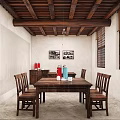 Indoor Vintage Living Space With Wooden Furniture Archway Red Lantern Green Plant And Wall Art