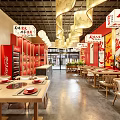 Traditional Chinese Hotpot Restaurant Interior With Red Decorations Wooden Tables Lanterns And Wall Posters