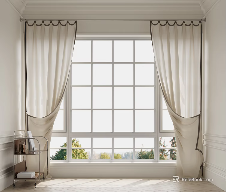 Cream Colored Curtains With Decorative Edges Framing Grid Patterned Window And Green Trees Outside 3d model