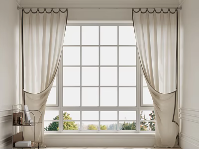 Cream Colored Curtains With Decorative Edges Framing Grid Patterned Window And Green Trees Outside 3d model