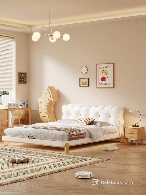 Modern Bedroom White Double Bed with Wooden Nightstand Table Lamp Decorative Art and Rug Blinds 3d model 