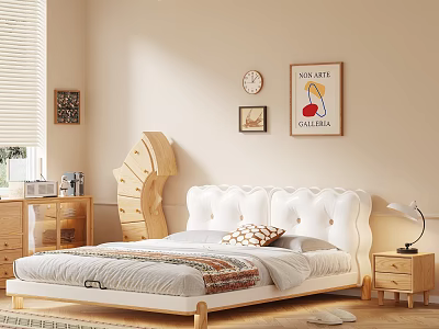 Modern Bedroom White Double Bed with Wooden Nightstand Table Lamp Decorative Art and Rug Blinds 3d model