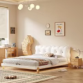 Modern Bedroom White Double Bed with Wooden Nightstand Table Lamp Decorative Art and Rug Blinds