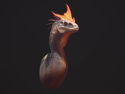Mythical Serpent Creature With Skeleton Head Flaming Red Crest Brown Scaly Body Dark Background 3d model