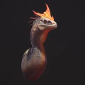 Mythical Serpent Creature With Skeleton Head Flaming Red Crest Brown Scaly Body Dark Background