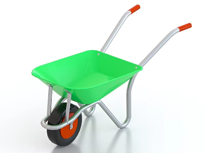 Green Industrial Wheelbarrow with Silver Metal Handles Red Rubber Wheels and Sturdy Steel Frame 3d model