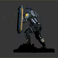 Blue And Yellow Robot With Box Shaped Body Holding Weapon Standing On Black Base