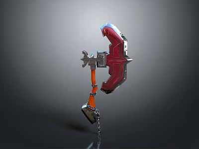 Red Orange Battle Axe Weapon With Metal Head And Chain Handle 3d model