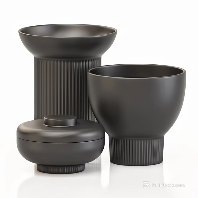 Black Ceramic Vessels with Ribbed Texture and Lidded Design in Modern Minimalist Style 3d model 