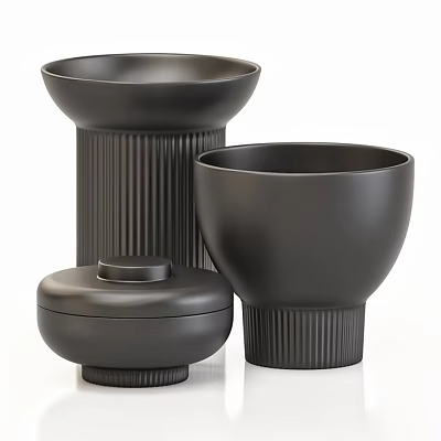 Black Ceramic Vessels with Ribbed Texture and Lidded Design in Modern Minimalist Style 3d model