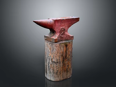 Vintage Red Rustic Anvil Standing On Textured Wooden Base With Natural Grain 3d model