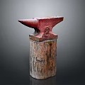 Vintage Red Rustic Anvil Standing On Textured Wooden Base With Natural Grain