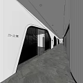 Modern Office Corridor with White Curved Walls Glass Doors Marble Flooring and Lighting Strips