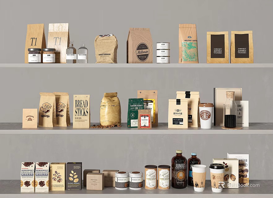 Assorted Beverages Display On Shelves With Packages 3d model 