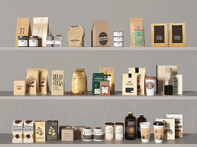 Assorted Beverages Display On Shelves With Packages 3d model