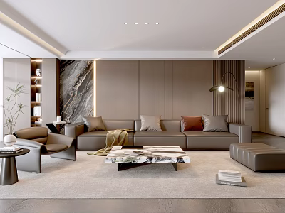 Modern Elegant Neutral Tone Living Room With Luxury Leather Sofa And Marble Coffee Table 3d model