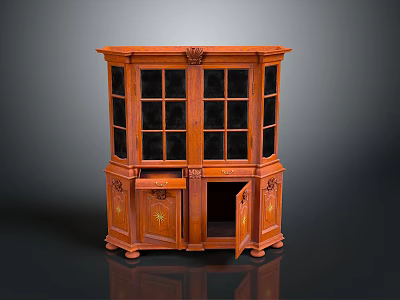 Antique Wooden Cabinet With Carved Details Glass Doors Open Drawer And Decorative Accents 3d model