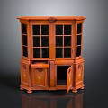 Antique Wooden Cabinet With Carved Details Glass Doors Open Drawer And Decorative Accents