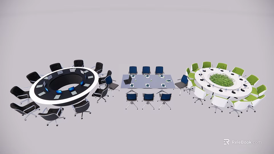 Modern Office Desk Setup With Various Shapes Colored Chairs Laptop And Green Plants 3d model 