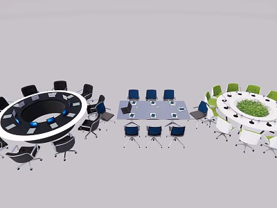 Modern Office Desk Setup With Various Shapes Colored Chairs Laptop And Green Plants 3d model