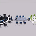 Modern Office Desk Setup With Various Shapes Colored Chairs Laptop And Green Plants