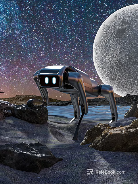 Smart Quadruped Robot Standing On Lunar Surface With Starry Sky Moon Rocks And Water 3d model 