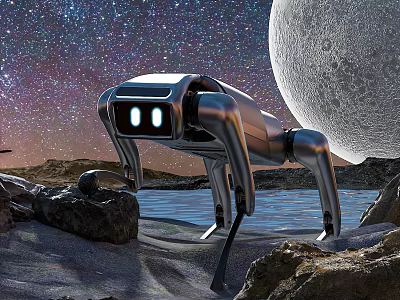 Smart Quadruped Robot Standing On Lunar Surface With Starry Sky Moon Rocks And Water 3d model