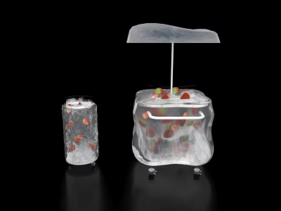 Transparent Floor Display With Strawberries Ice Cubes And Umbrella Cover 3d model