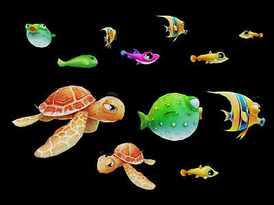 Cartoon Marine Characters With Turtle Puffer Fish And Frog Creatures 3d model