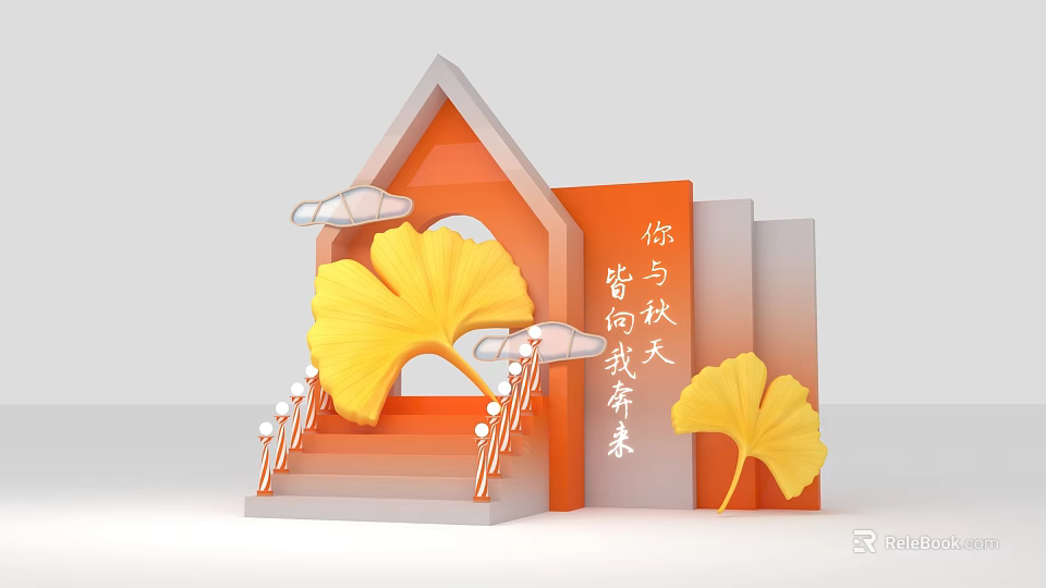 Orange Themed Photo Check In Spot with Ginkgo Leaves Steps and Cloud Decorations Autumn Vibe 3d model 