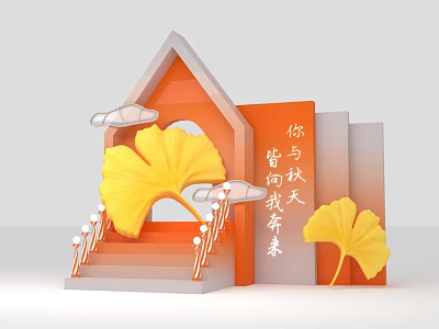 Orange Themed Photo Check In Spot with Ginkgo Leaves Steps and Cloud Decorations Autumn Vibe 3d model