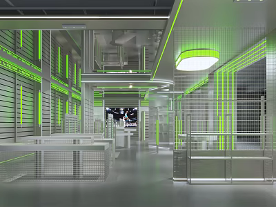 Modern Retail Store Interior With Metal Display Racks And Green Accent Lighting 3d model
