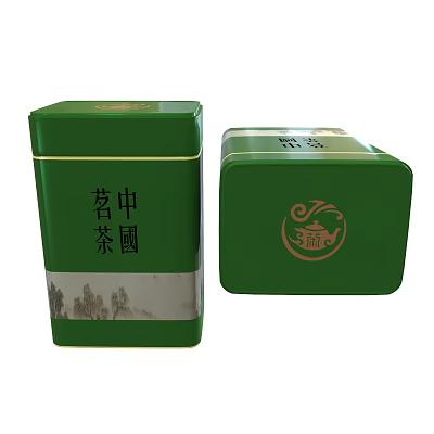 Chinese Tea Set Green Tin Canisters with Teapot Design and Landscape Art 3d model