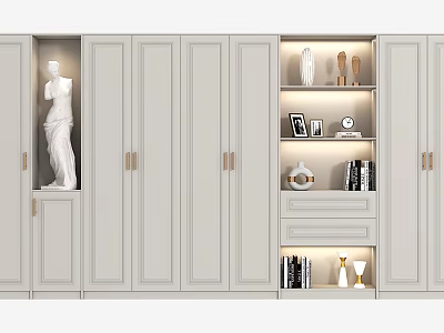 Modern Minimalist Light Gray Bookcase With Cabinet Doors Gold Handles Open Shelves And Decorative Items 3d model