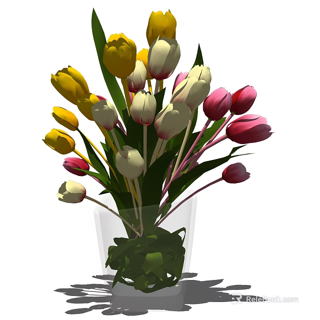 Transparent Glass Vase With Yellow White Pink Tulips And Green Leaves 3d model 