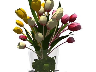 Transparent Glass Vase With Yellow White Pink Tulips And Green Leaves 3d model