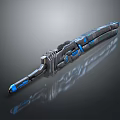 Futuristic High Tech Weapon With Metallic Design Blue Glowing Parts And Reflective Surface