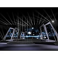 Modern Stage Design With Geometric Frames Bright Spotlights And Audience Lights 3d model