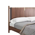 Modern Double Bed With Wooden Walnut Headboard Metal Accent White Pillows And Gray Bedspread