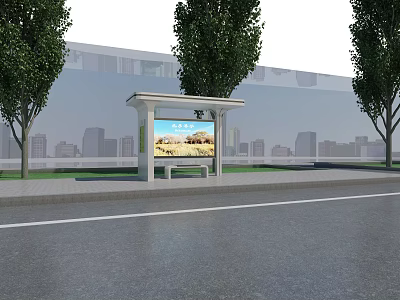 Modern Urban Bus Stop With Billboard Seating And Green Trees Background 3d model