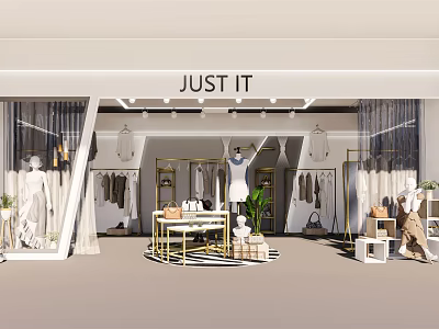 Clothing Store Interior Featuring Window Display Mannequins Clothing Items Display Tables And Green Plants 3d model
