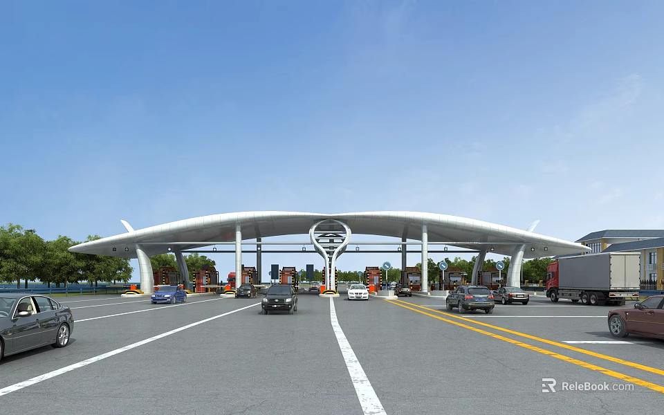 Modern Toll Gate Structure With Multiple Lanes And Vehicles Passing Under Blue Sky 3d model 