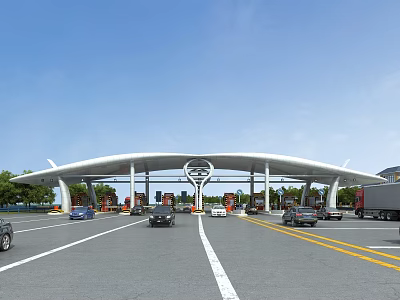Modern Toll Gate Structure With Multiple Lanes And Vehicles Passing Under Blue Sky 3d model