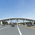 Modern Toll Gate Structure With Multiple Lanes And Vehicles Passing Under Blue Sky 3d model