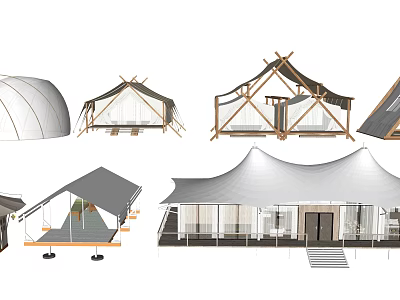 Various Stylish Tent Designs With Wooden Frame Structures And Canvas Materials For Outdoor Camping 3d model