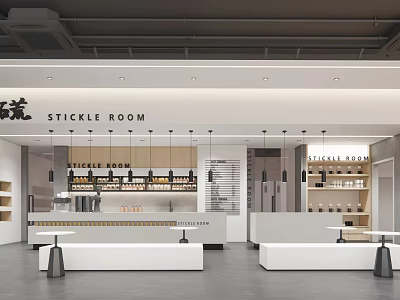 Modern Milk Tea Shop Interior With Counter Hanging Lights And Shelves 3d model