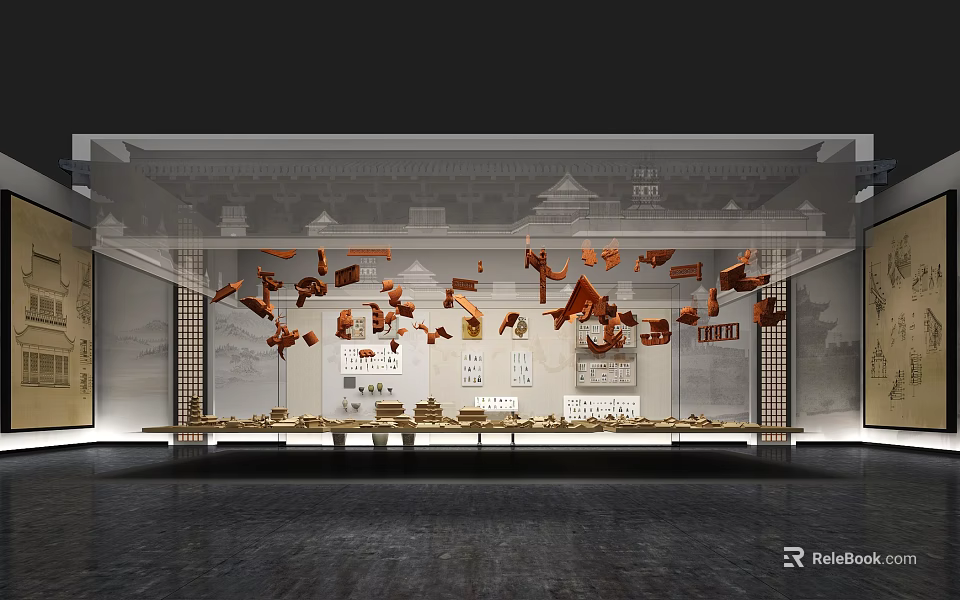 Cultural Center Interior Design Featuring Traditional Decorative Pieces And Exhibition Areas 3d model 