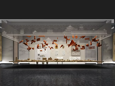 Cultural Center Interior Design Featuring Traditional Decorative Pieces And Exhibition Areas 3d model